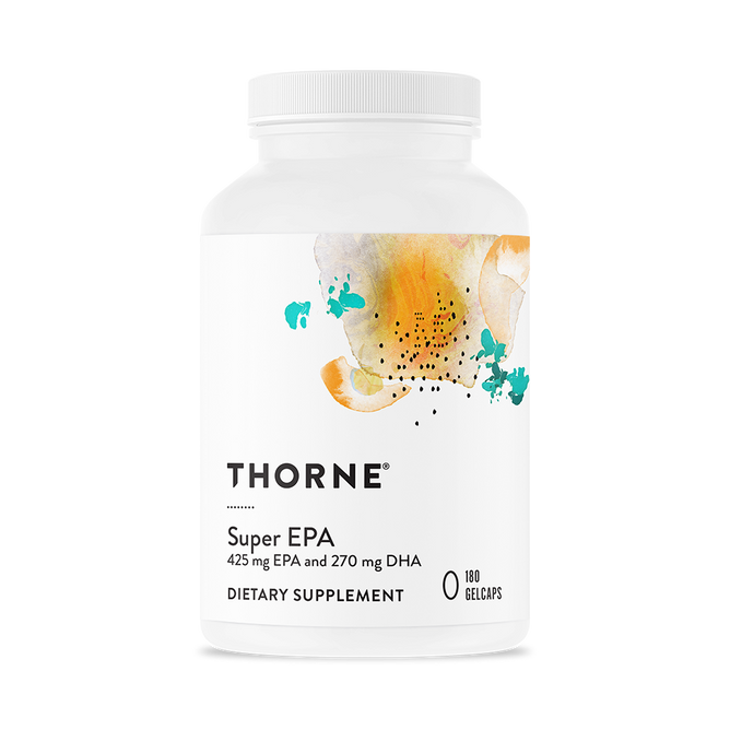 A white bottle of Thorne Super EPA features abstract orange and blue watercolor art on its label. It contains 180 gelcaps, each serving delivering 425 mg EPA and 270 mg DHA to support heart health.