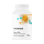 A white bottle of Thorne Super EPA features abstract orange and blue watercolor art on its label. It contains 180 gelcaps, each serving delivering 425 mg EPA and 270 mg DHA to support heart health.