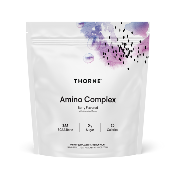A white pouch labeled Thorne Amino Complex with berry flavor and purple watercolor art highlights a 2:1:1 BCAA formula, 0g sugar, and 25 calories—designed to help support lean muscle mass.