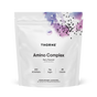 A white pouch labeled Thorne Amino Complex with berry flavor and purple watercolor art highlights a 2:1:1 BCAA formula, 0g sugar, and 25 calories—designed to help support lean muscle mass.