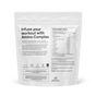 A white pouch labeled Thorne Amino Complex displays supplement facts for a lemon-flavored amino acid powder. The back highlights ingredients and mixing diagrams to support lean muscle mass during workouts.