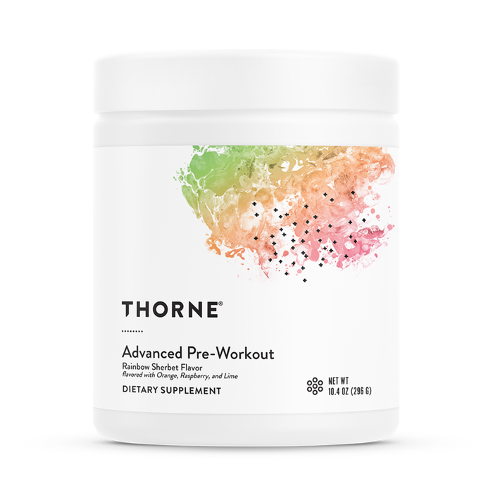 A white Thorne Advanced Pre-Workout container features a colorful abstract label design, emphasizing its rainbow sherbet flavor and amino acids blend for sustained energy. Net weight: 10.4 oz (296 g).