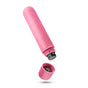 Meet the Eco Bullet by Blush Gaia: This pink, cylindrical device has a textured surface and resembles a tube. Remove the bottom cap to access the battery compartment; threading ensures secure attachment when placing the cap nearby.