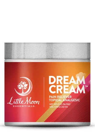 A jar of Little Moon Essentials Dream Cream pain reliever topical analgesic, featuring a red and orange gradient label with white text and a silver lid.