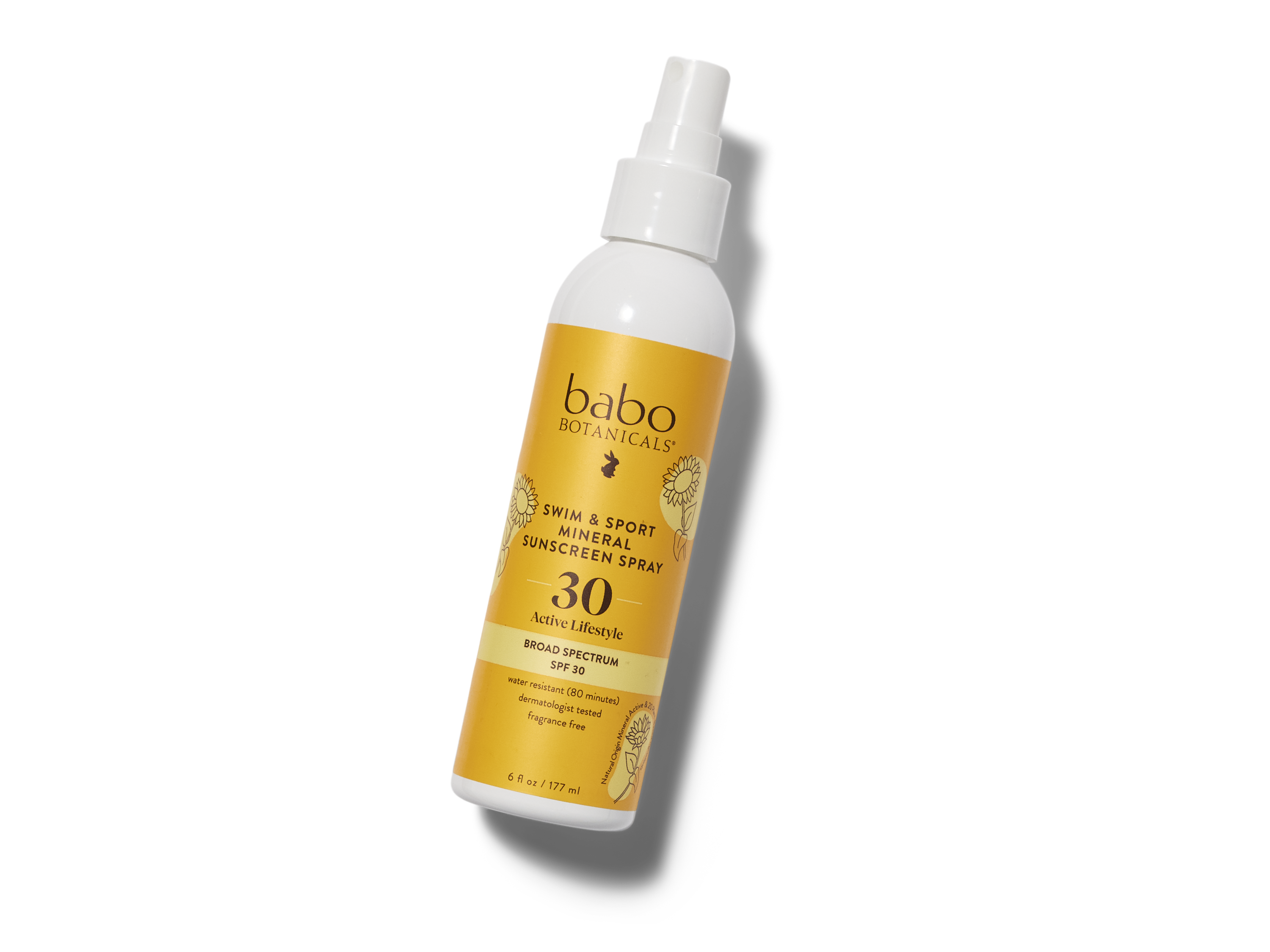 A white spray bottle labeled babo Botanicals Swim & Sport Mineral Sunscreen Spray SPF 30 with a yellow label, shown on a white background.