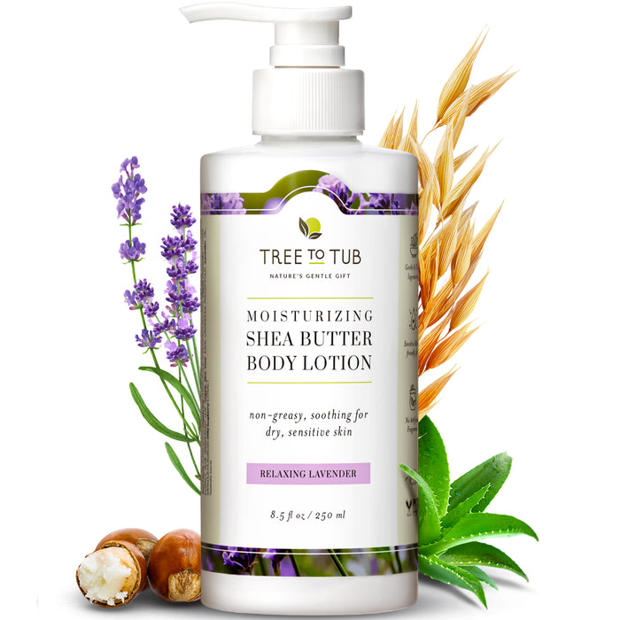 A bottle of Tree to Tub Moisturizing Shea Butter Body Lotion with a pump, featuring images of shea nuts, lavender, aloe vera, and oats around it. The label highlights Relaxing Lavender for dry, sensitive skin.