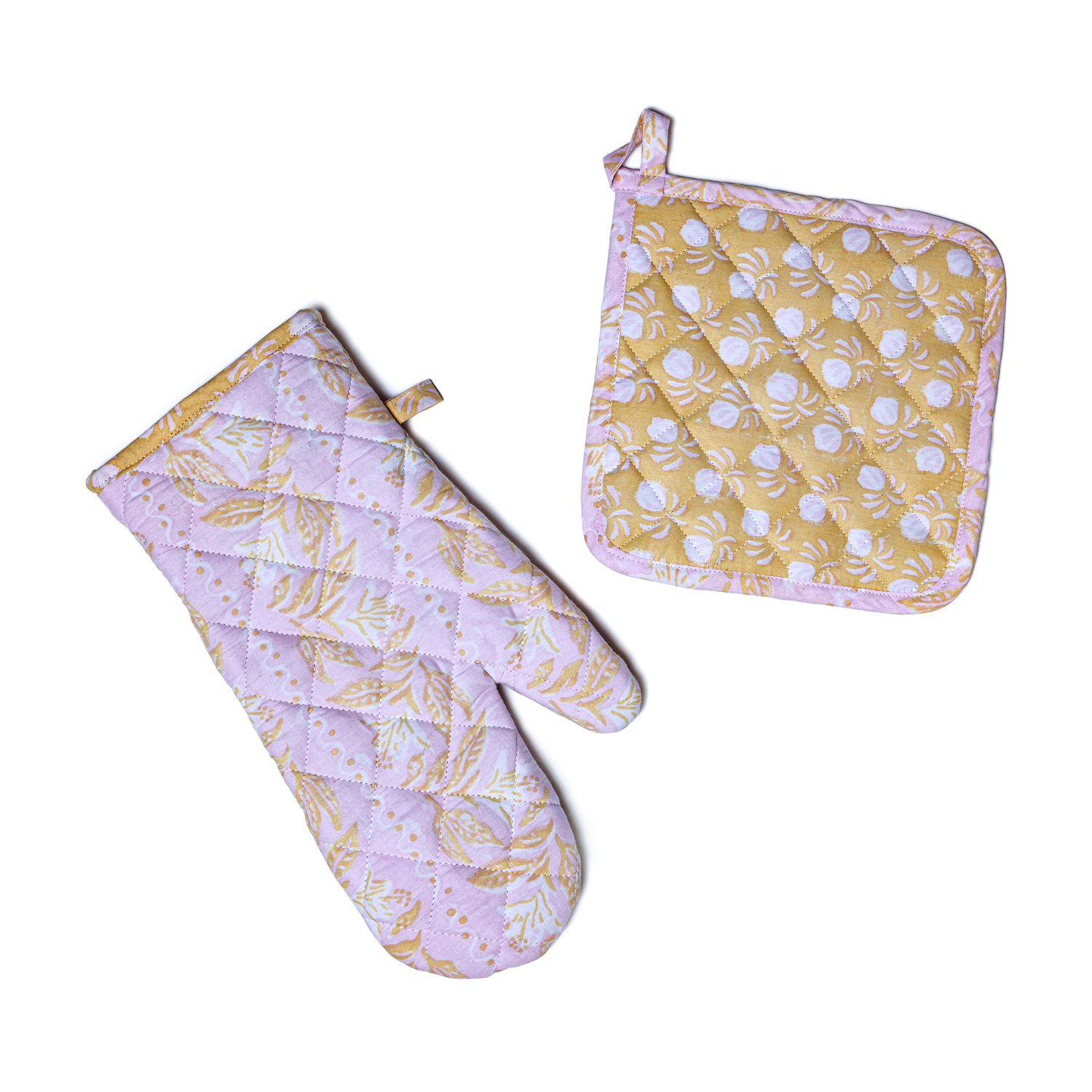 Hand Block Printed Ovenmitt And Pot Holder Set