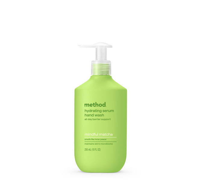 A 296 ml (10 fl oz) green pump bottle of method Hydrating Serum Hand Wash in Mindful Matcha scent, formulated for all-day skin barrier support and to maintain the skin microbiome.