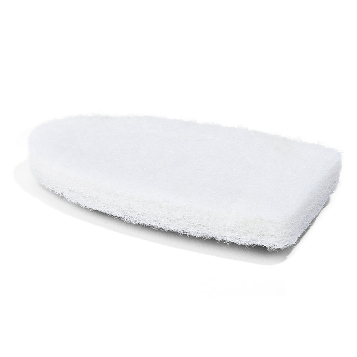 A white, oval-shaped scrubbing pad with a slightly rough texture, shown on a plain white background.
