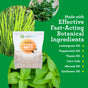 A product label for EarthKind's "Stay Away Ants &amp; Cockroaches" is displayed with images of various herbs. Text highlights ingredients: lemongrass oil, peppermint oil, thyme oil, corn cob, almond oil, sunflower oil.