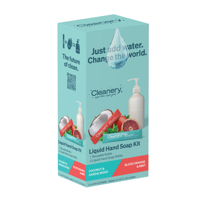 A rectangular box of Cleanery Liquid Hand Soap Kit featuring images of tropical fruits, a reusable bottle, and soap refills. The packaging promotes scents like Coconut & Sandalwood and Blood Orange & Mint.
