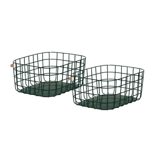 Two dark green, square-shaped wire storage baskets with open grids and solid bottoms, placed side by side against a white background.