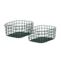 Two dark green, square-shaped wire storage baskets with open grids and solid bottoms, placed side by side against a white background.