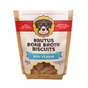 A bag of Brutus Bone Broth Biscuits, Beef Flavor. The packaging is brown and red with a cartoon dog illustration, and states the treats are all natural, high in protein, and made in the USA. Net weight: 8 oz (226 g).
