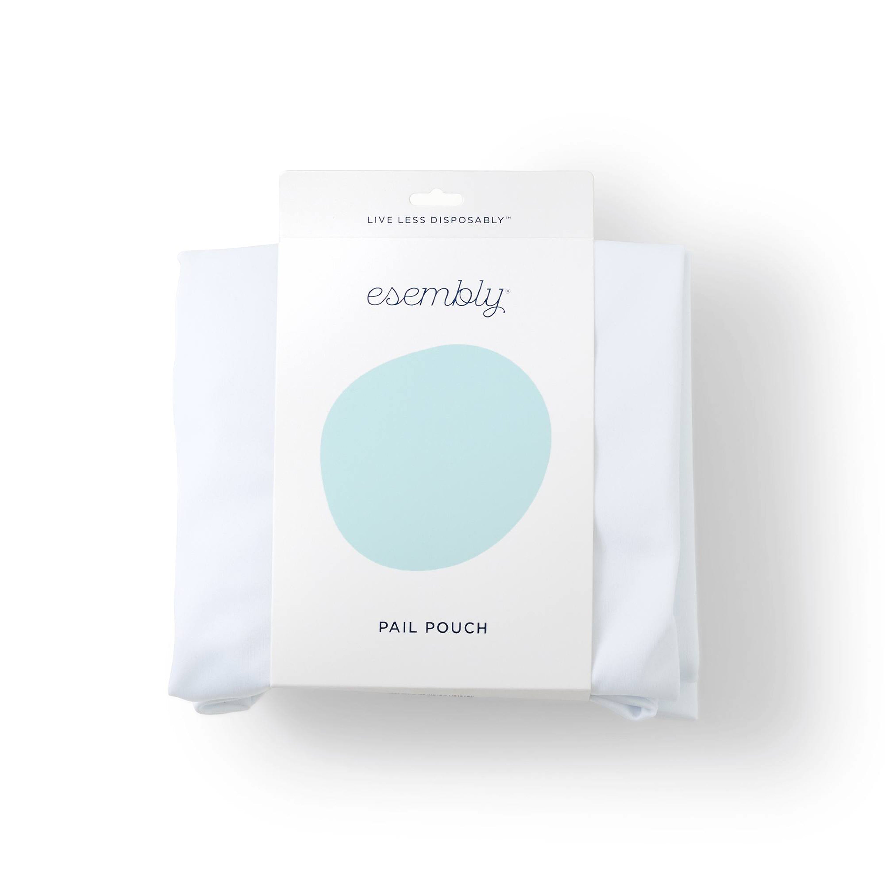 The image showcases Esembly Babys Pail Pouch Diaper Pail Liner packaged in minimalist, mostly white wrapping. It features a light blue circular graphic with the words Live Less Disposably and Pail Pouch, ideal for cloth diapers or as a waterproof laundry bag.