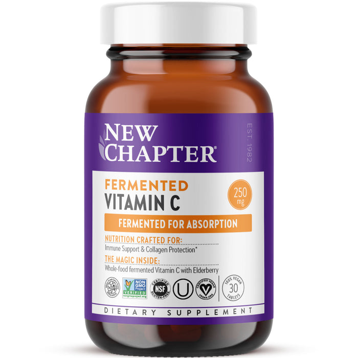 Brown bottle labeled New Chapter Fermented Vitamin C 250mg, with a purple and white label highlighting Fermented for Absorption. The bottle is marked as a dietary supplement with various certifications.