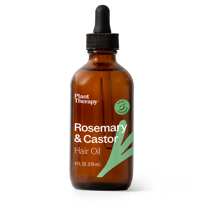A brown dropper bottle labeled Plant Therapy Rosemary & Castor Hair Oil with a green graphic and text indicating it is a 4 fl. oz. (118 mL) hair treatment.
