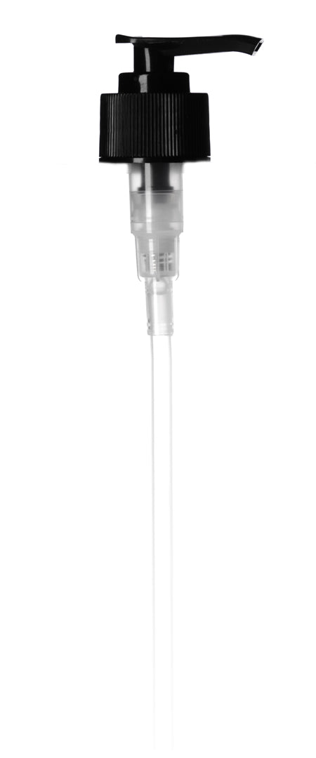 A black plastic lotion or soap pump dispenser with a long, clear dip tube, shown against a white background.