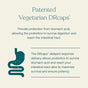 Illustration of a stomach next to text about patented vegetarian DRcaps®. The text highlights protection from stomach acid, enabling probiotics to survive digestion and reach the intestinal tract, enhancing survival and potency.
