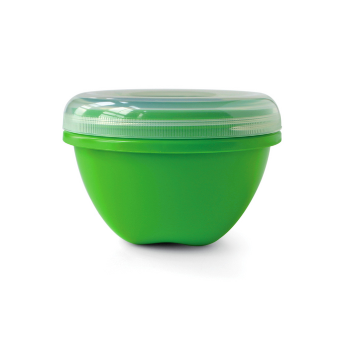 A small green plastic container with a clear, round snap-on lid, isolated on a white background.