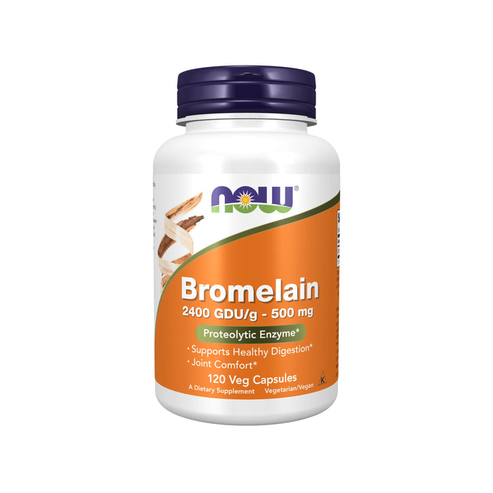 A white and orange bottle labeled NOW Bromelain 2400 GDU/g - 500 mg containing 120 vegetarian capsules. The label mentions Supports Healthy Digestion and Joint Comfort.