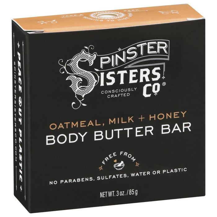 A black box of Spinster Sisters Co. Oatmeal, Milk + Honey Body Butter Bar, labeled as free from parabens, sulfates, water, or plastic, with a net weight of 3 oz (85 g).