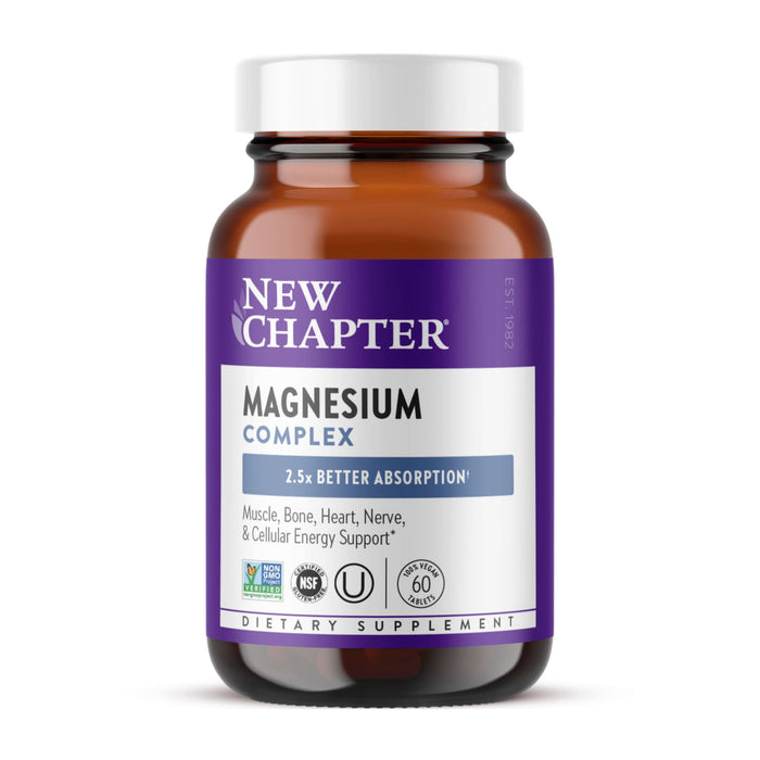 A brown glass bottle labeled New Chapter Magnesium Complex with a purple and white label, promoting 2.5x better absorption for muscle, bone, heart, nerve, and energy support. The bottle contains 60 capsules.