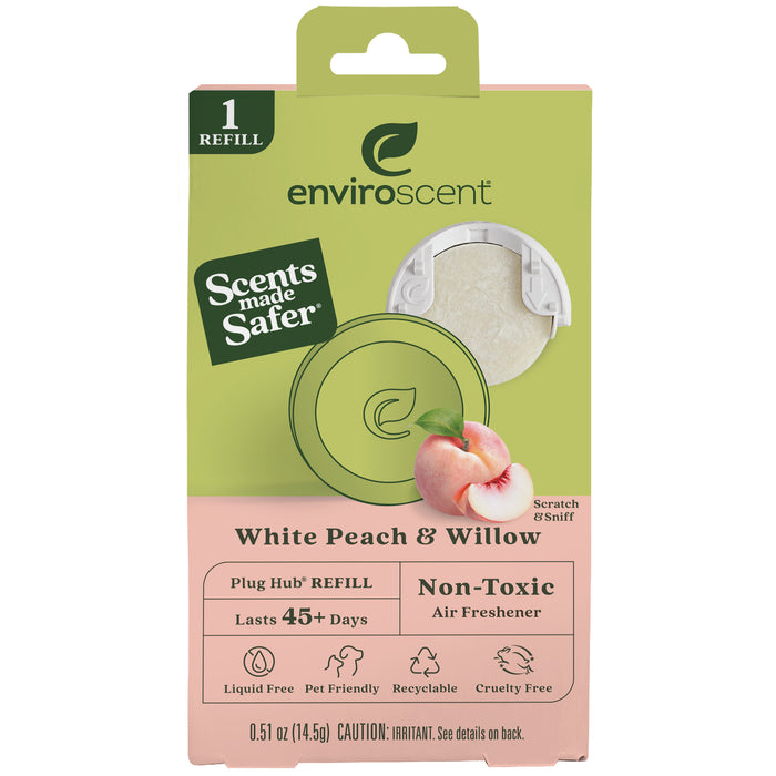 Box of Enviroscent White Peach & Willow air freshener refill, featuring a peach illustration, product details like non-toxic, pet friendly, and lasts 45+ days, plus a scratch-and-sniff area on the front.