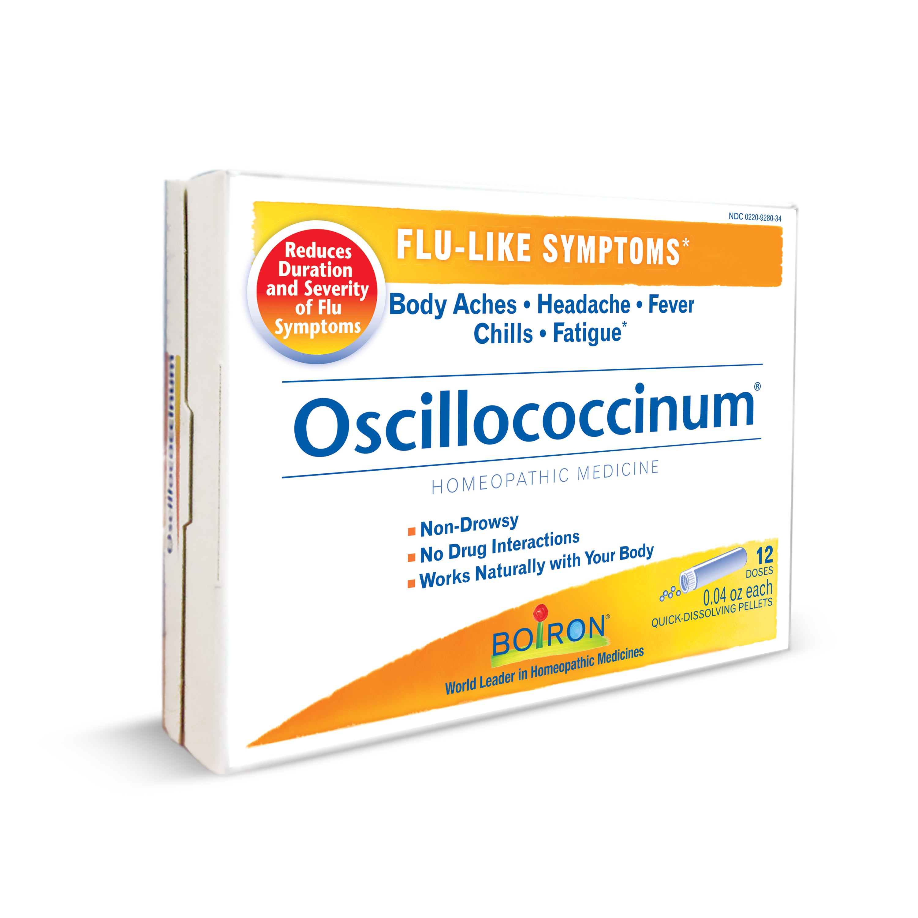 Image of a 12-dose box of Boiron’s Oscillococcinum, a homeopathic flu medicine that relieves symptoms such as body aches, headache, fever, chills, and fatigue. The packaging highlights the products natural interaction with the body.