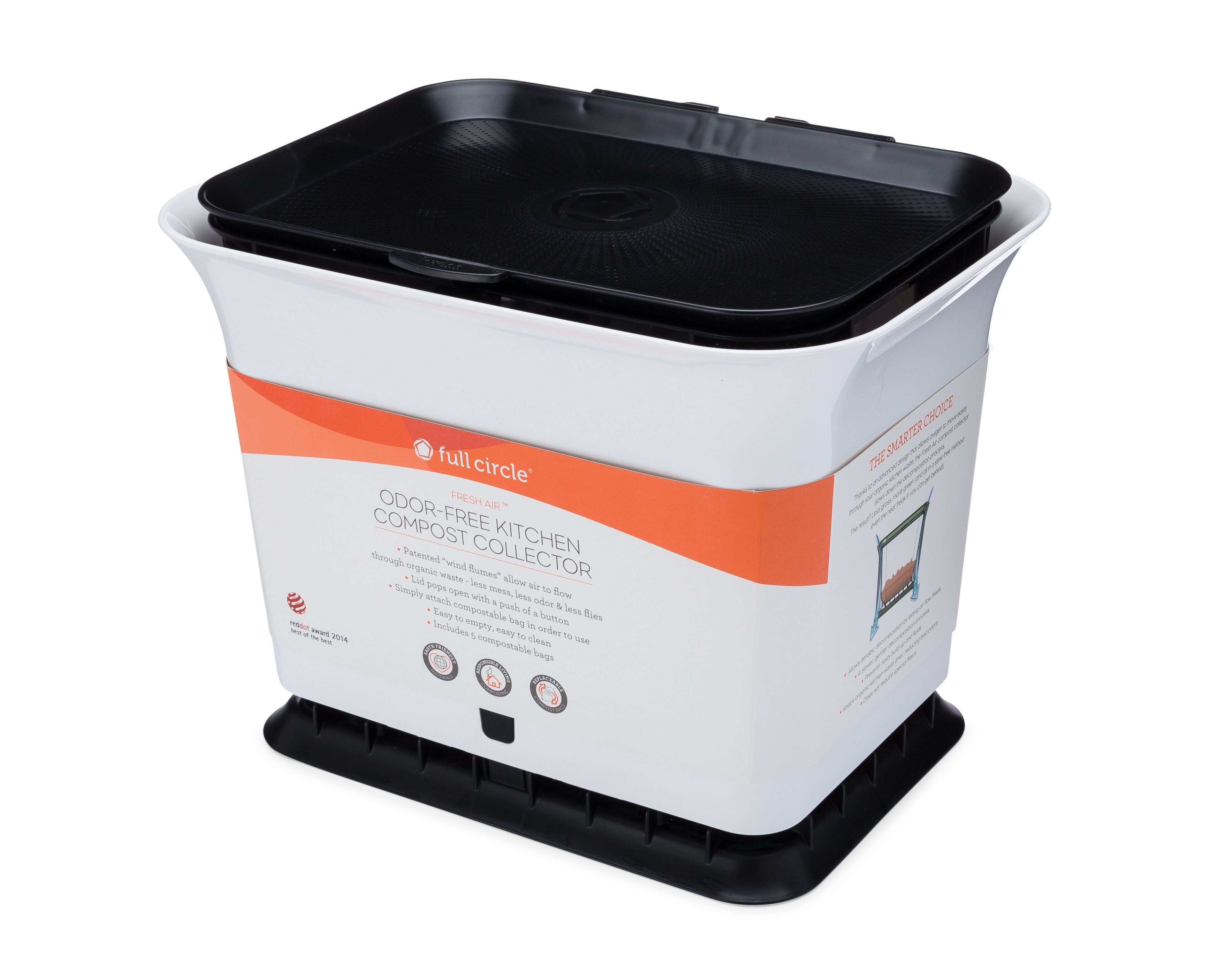 The Fresh Air Compost Bin by Full Circle is a white countertop compost collector with a black lid and base, featuring an orange label. It’s designed for odor-free organic waste management and includes a convenient handle for easy kitchen use.