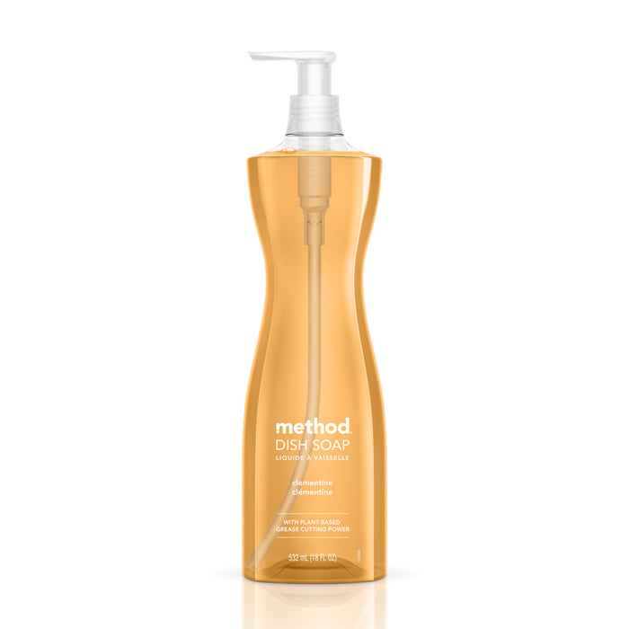 A clear, curvy bottle of method Dish Soap Starter Set - Clementine with vibrant orange liquid and a pump dispenser, labeled “method Dish Soap Starter Set - Clementine” in white text on the front.
