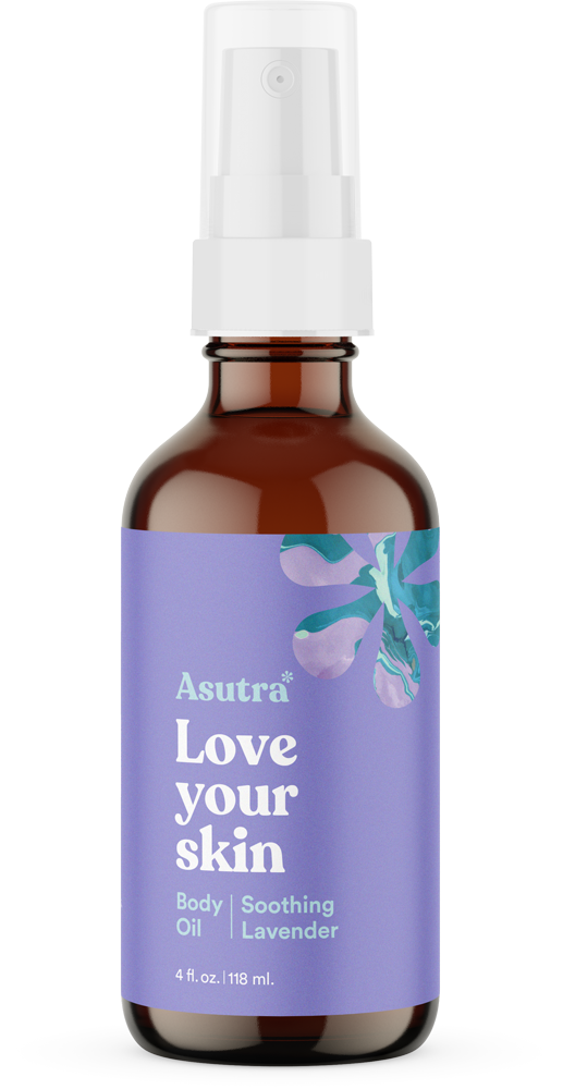 A brown glass spray bottle with a purple label reading Asutra Love your skin Body Oil | Soothing Lavender, 4 fl. oz. | 118 ml. The label features a floral design in the top right corner.