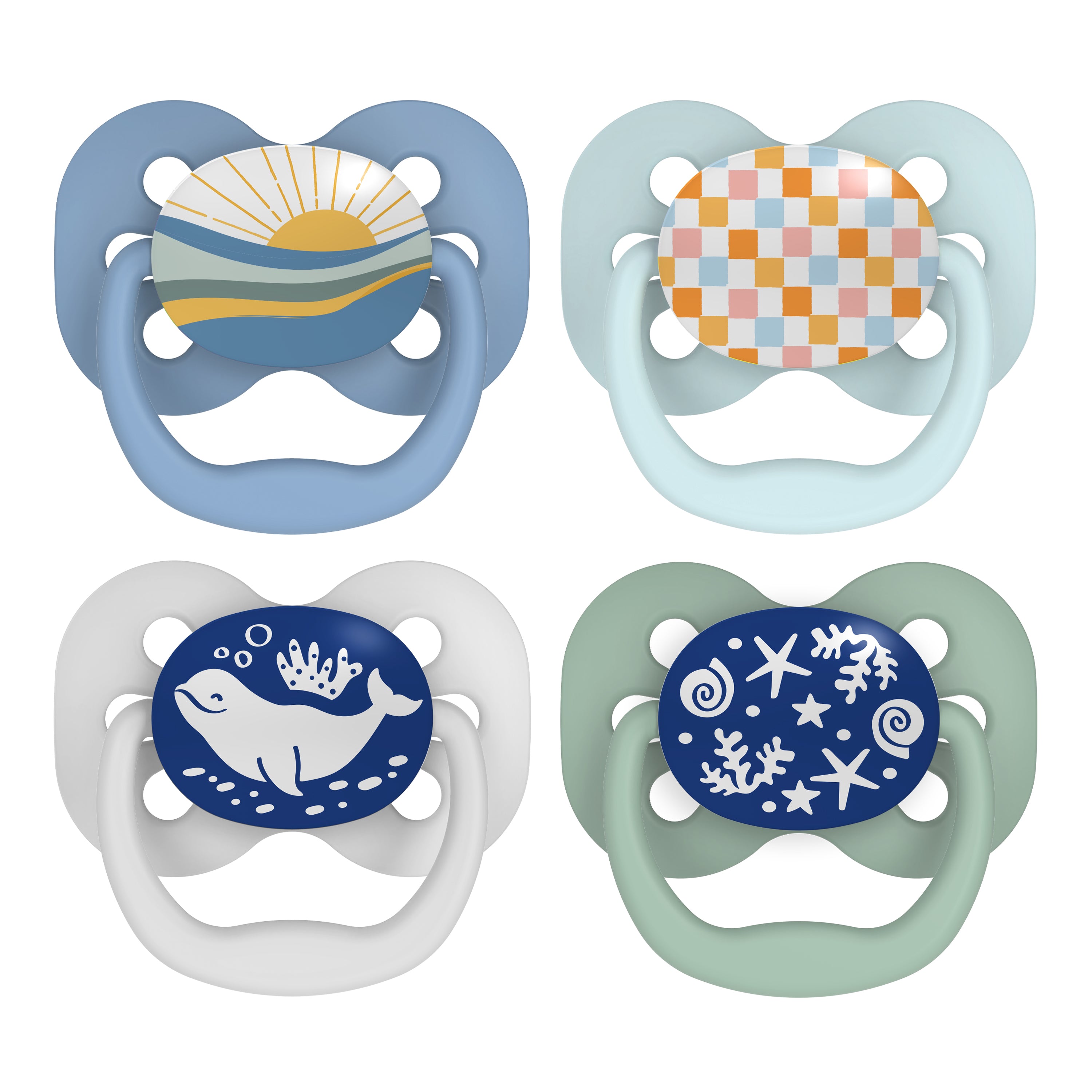 Explore Dr. Browns Advantage Glow-in-the-Dark Baby Pacifier collection, featuring ocean-themed designs. Each Stage 1 soother with a soft silicone bulb includes motifs like sun over waves, checkered patterns, whales with seaweed, and starfish among seashells in vibrant blue, green, orange, and white.