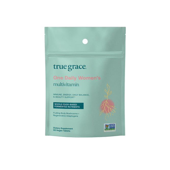 True Graces One Daily Womens Multivitamin Refill in teal offers immune, energy, daily balance, and beauty support with an organic mushroom blend. It includes 90 vegan tablets of whole food-based fermented nutrients and is Non-GMO Project Verified.