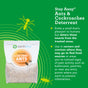 Green background with text promoting an ant and cockroach deterrent product. Features a pouch labeled "Fast-acting Stay Away Ants &amp; Cockroaches" with a small green leaf logo. Includes instructions for use and insect illustrations.