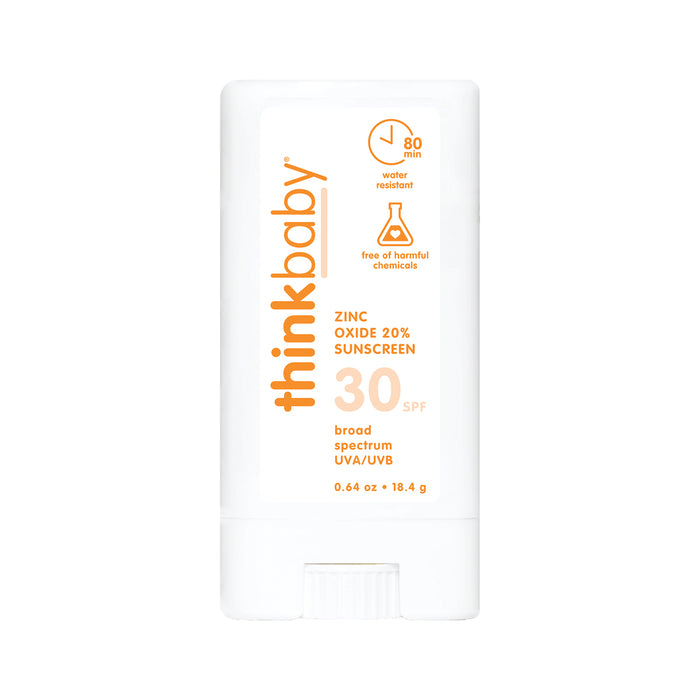 A white stick container of thinksun thinkbaby SPF 30 Face & Body Sunscreen Stick, a mineral-based baby sunscreen with zinc oxide 20%, broad-spectrum UVA/UVB protection, 80-minute water resistance, and no harmful chemicals.