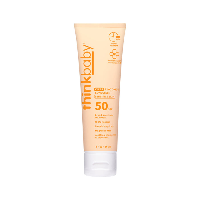 A tube of thinksun thinkbaby SPF 50 Clear Zinc Sunscreen Sensitive Skin, designed in orange and white, features product details on the front. Made with non-nano zinc oxide, it offers gentle protection for sensitive skin.