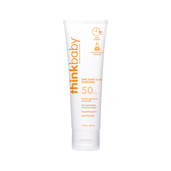 A white tube of thinksun thinkbaby SPF 50 Sunscreen with orange and yellow text, labeled mineral-based, broad spectrum, dermatologist recommended, hypoallergenic, reef-friendly, and free from harmful chemicals.