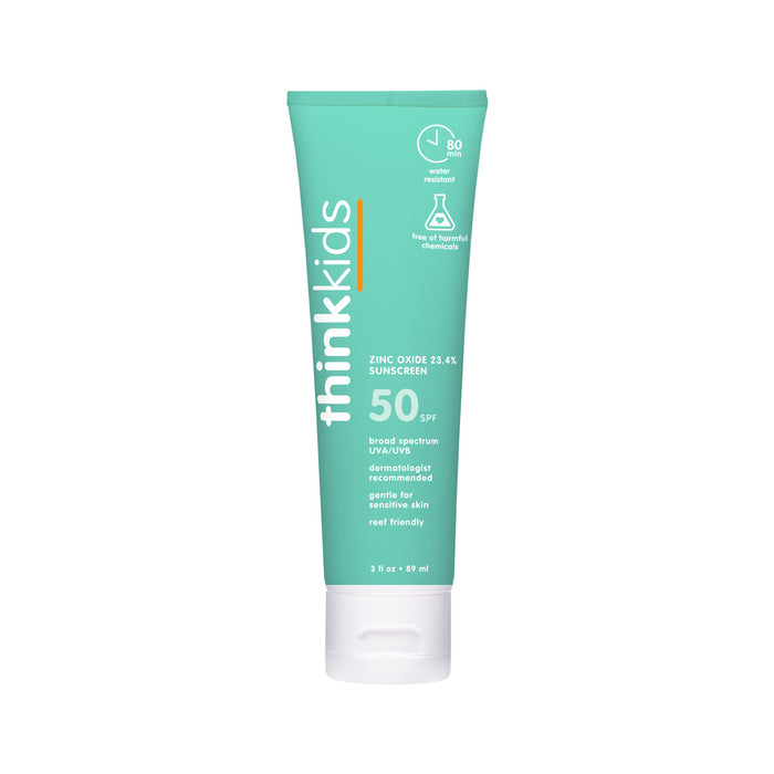 A turquoise tube of thinksun thinkkids SPF 50 Sunscreen features mineral-based zinc, broad spectrum protection, dermatologist recommendation, gentle for sensitive skin, and a reef-friendly formula.