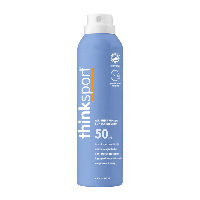A blue and white spray can labeled thinksun thinksport SPF 50 All Sheer Mineral Sunscreen Spray, offering reef-friendly broad spectrum protection and dermatologist-tested safety.