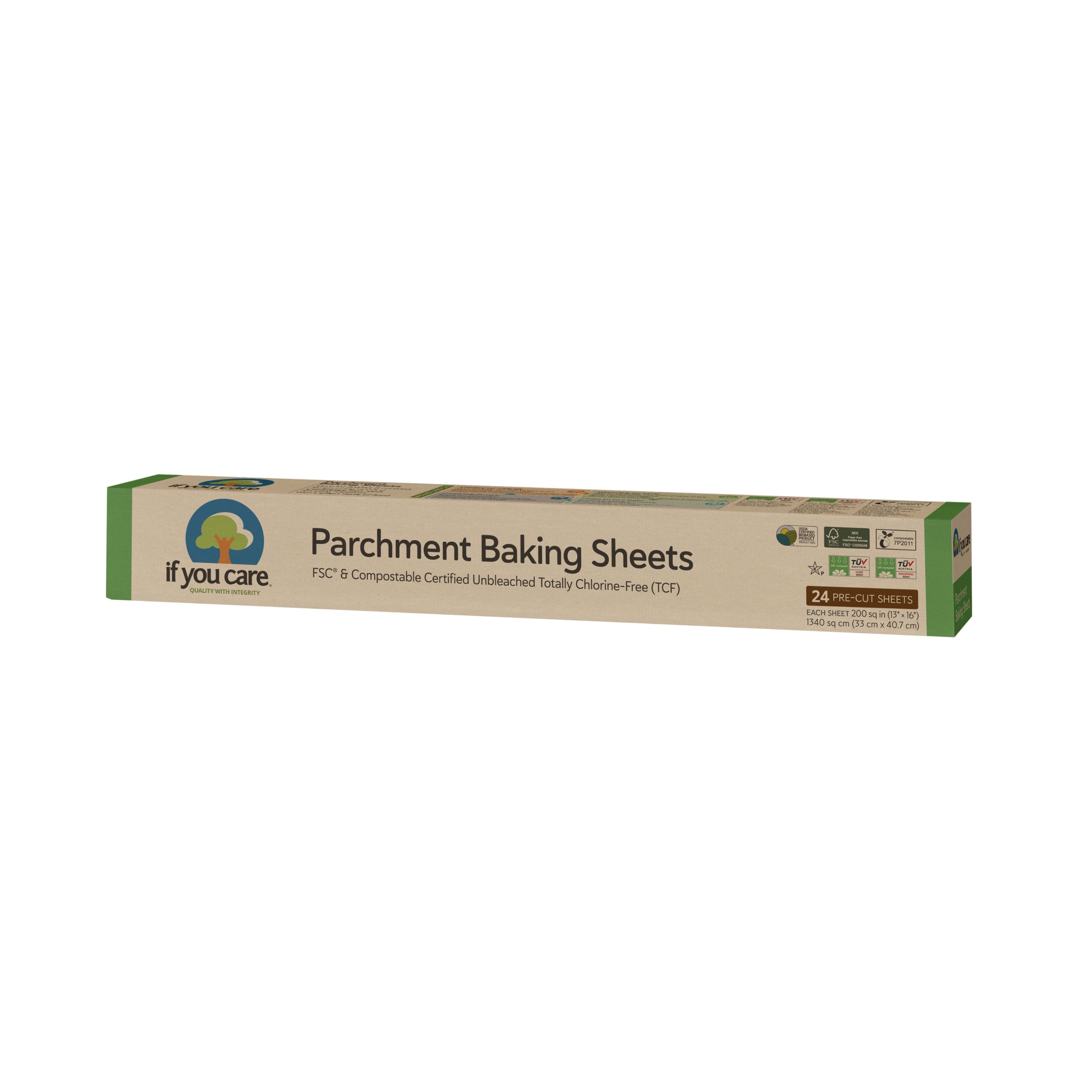 The If You Care Parchment Baking Sheets feature green and brown eco-friendly packaging. These 24 pre-cut, unbleached, compostable sheets are FSC certified and chlorine-free.