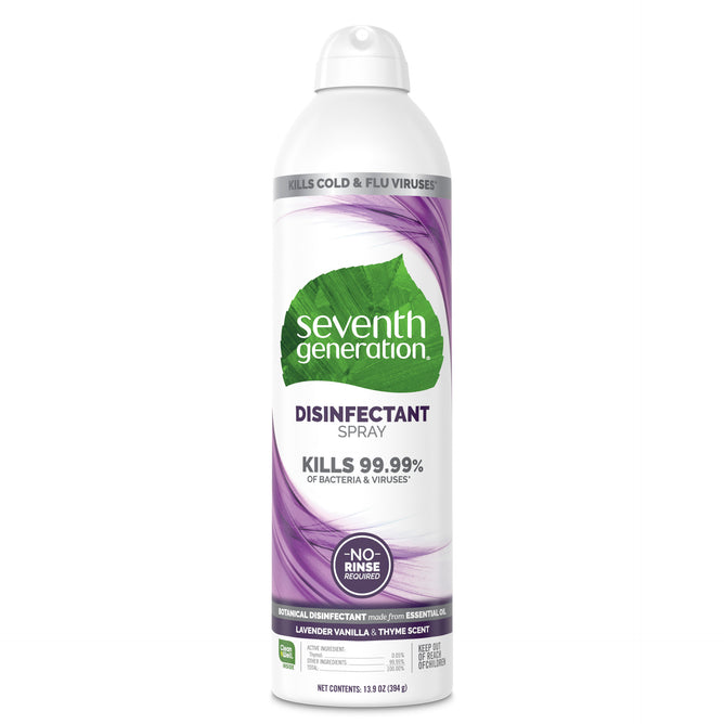 Seventh Generation Disinfectant Spray, with a lavender vanilla and thyme scent, kills 99.99% of bacteria and viruses on nonporous surfaces without needing rinsing. It features a green leaf logo and purple swirl graphics that highlight its powerful germ-killing abilities.
