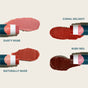 Four swatches of Cliganic’s Tinted Lip Balm Set – Hint of Tint are labeled: Dusty Rose (light pink), Coral Delight (bright coral), Naturally Nude (soft brown), and Ruby Red (deep red), with matching balm tubes beside each shade. Each nourishing balm is infused with essential oils for a smooth, hydrating finish.