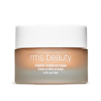 A small frosted glass jar with a white lid labeled rms beauty master radiance base in white text, containing 0.50 oz or 15 ml.