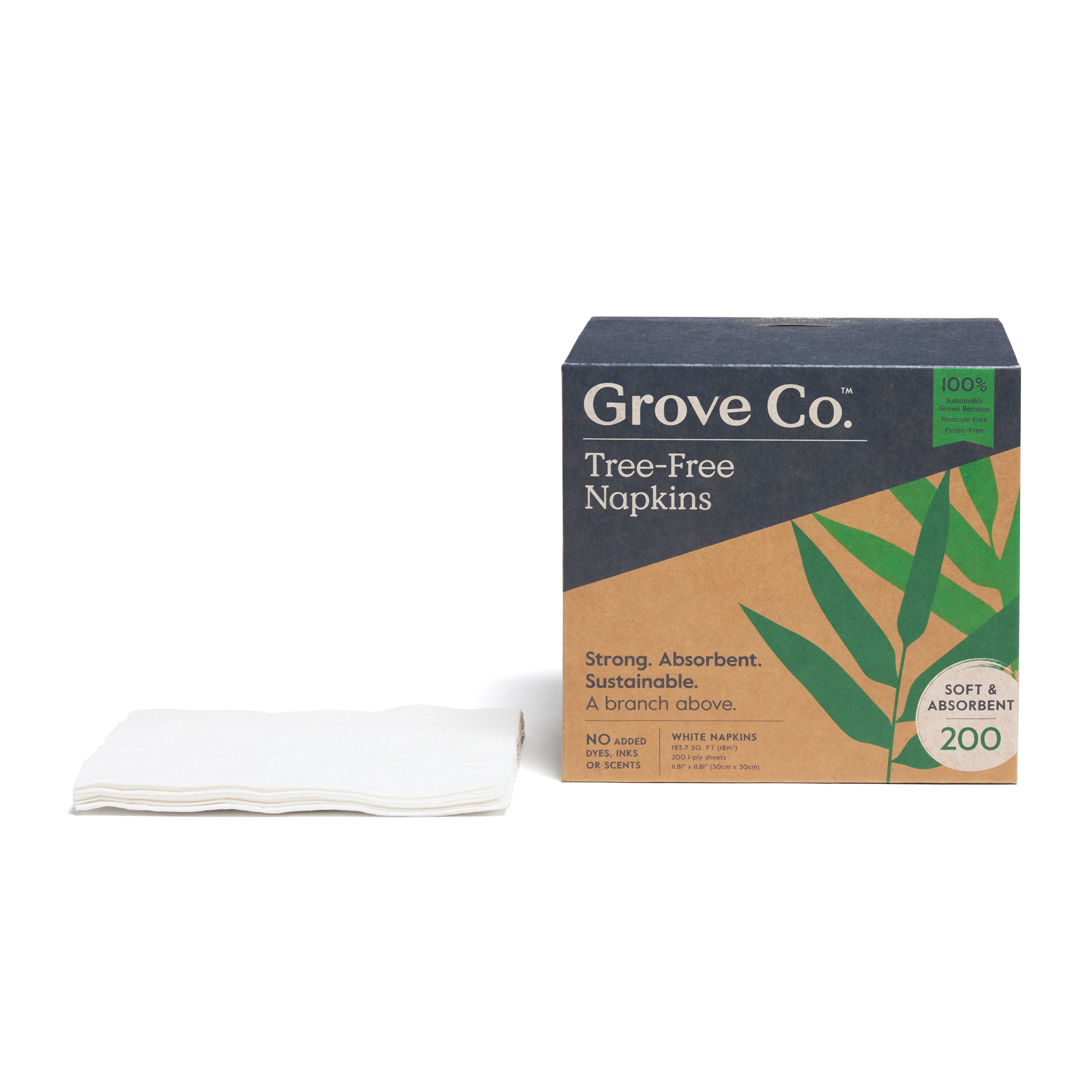 A box of Grove Co. Tree-Free Napkins, made from 100% FSC-certified bamboo fibers, features a green and brown design. It highlights the products strength, absorbency, and sustainability. Next to it are neatly stacked white napkins. The package includes 200 napkins.