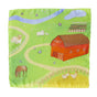 The Play Map by Sarahs Silks features an illustrated farm scene on playsilk fabric with a red barn, a cow, a horse, two chickens, and a sheep. It includes elements like a river, pond, butterflies, dragonflies, vegetable garden, and paths—ideal for Montessori-inspired play.