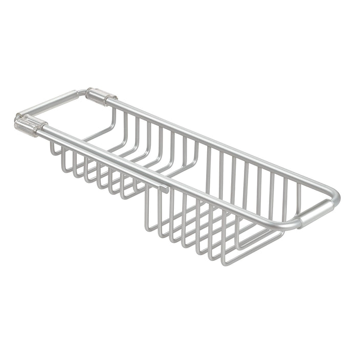 A silver metal wire basket with parallel slots and a rectangular shape, featuring two handles on one end and designed for use as an organizer or storage container.