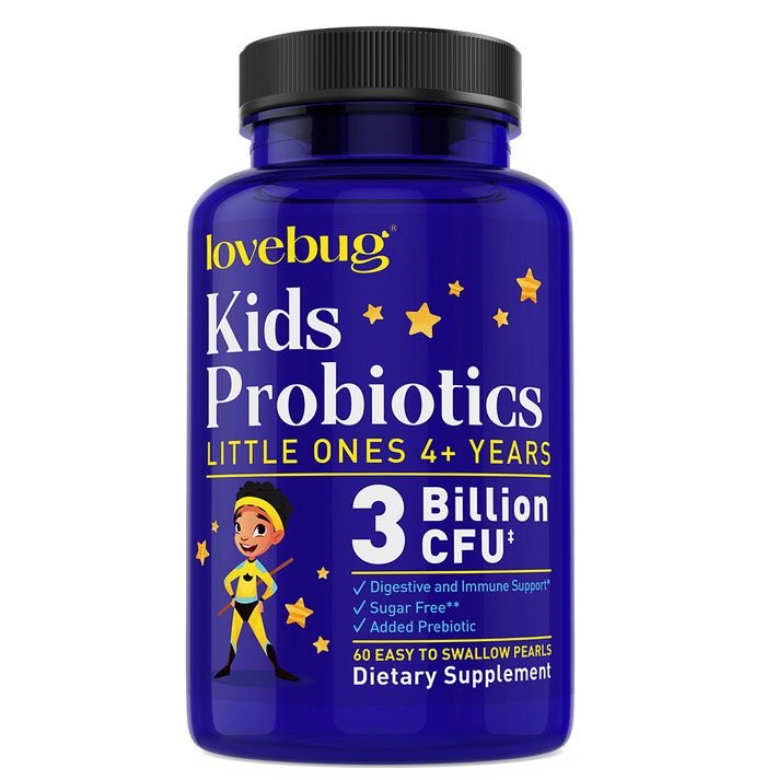 A blue bottle of Lovebug Kids Probiotics for children 4+ years, with yellow and white text, a cartoon superhero child, and stars. The label highlights 3 billion CFU, digestive and immune support, and 60 easy-to-swallow pearls.