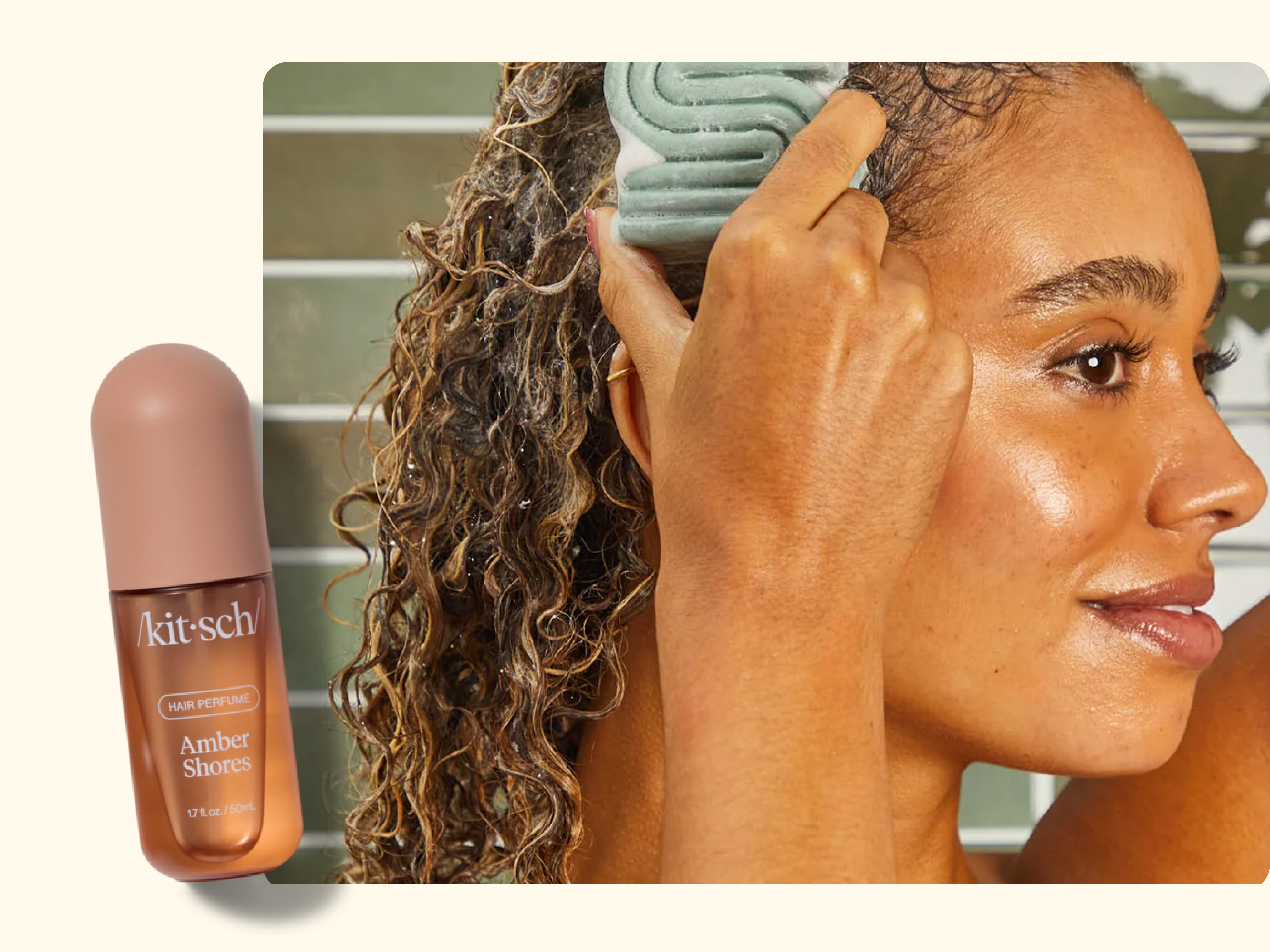 Woman with curly hair applying a hair product, alongside a bottle of Kitsch Amber Shores Hair Perfume (1.7 fl oz).