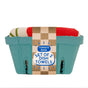A blue carton from The Neighborgoods holds two rolled cotton Dish Towel Set towels labeled Tomato Basil Set of 2, ideal for stylish and practical kitchen use, shown against a plain white background.
